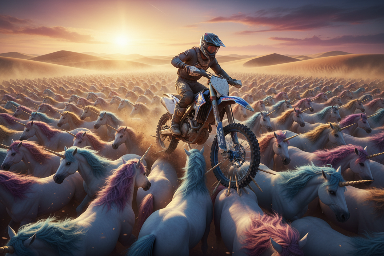 We need a much bigger herd of unicorns that he is riding over the top of, so it looks more like he actually is riding on top of them and the horns are poking into the tires.